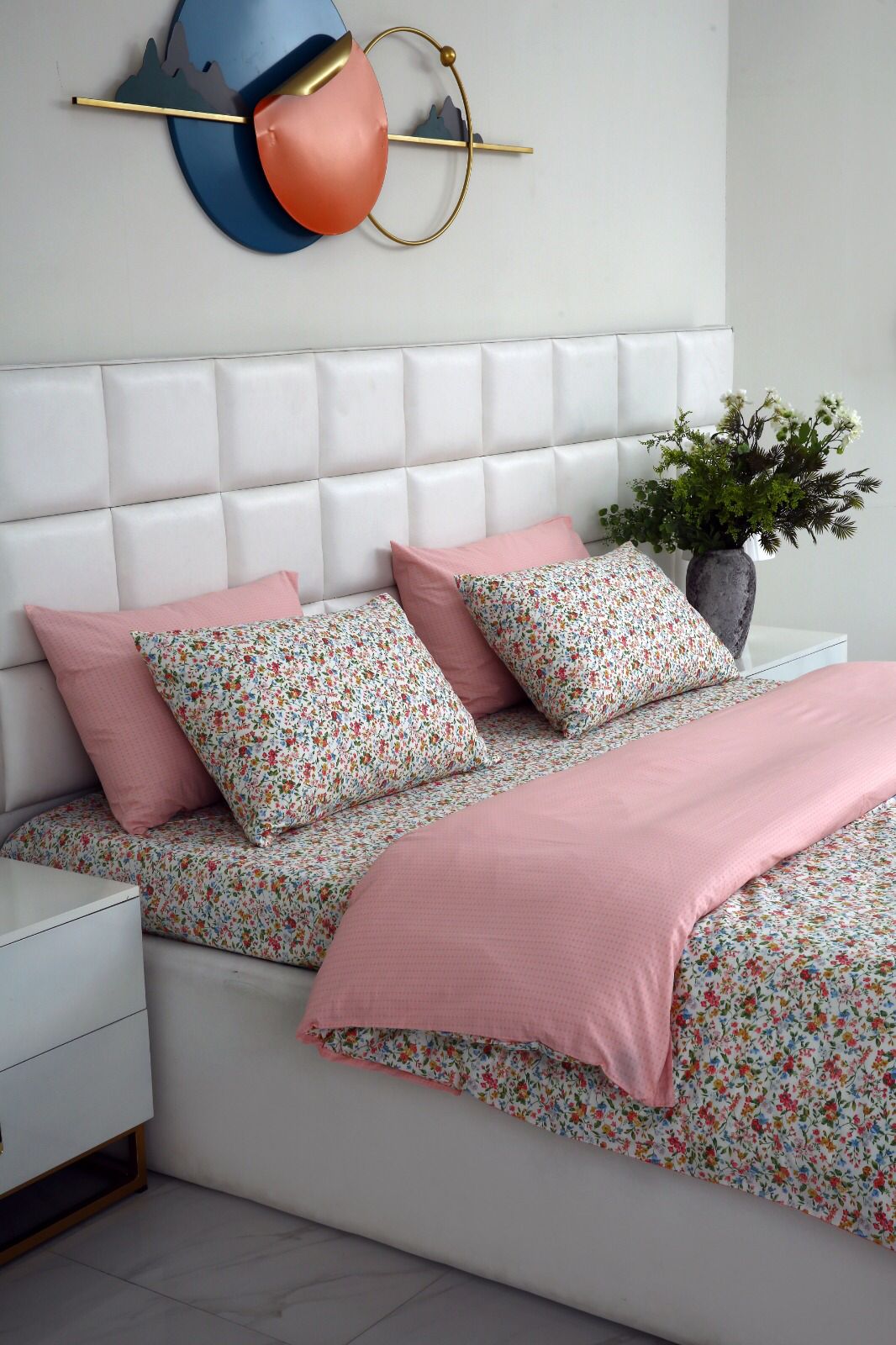 6PCs Duvet Cover- Pink Tiny Flowers Bed Sheets Apricot