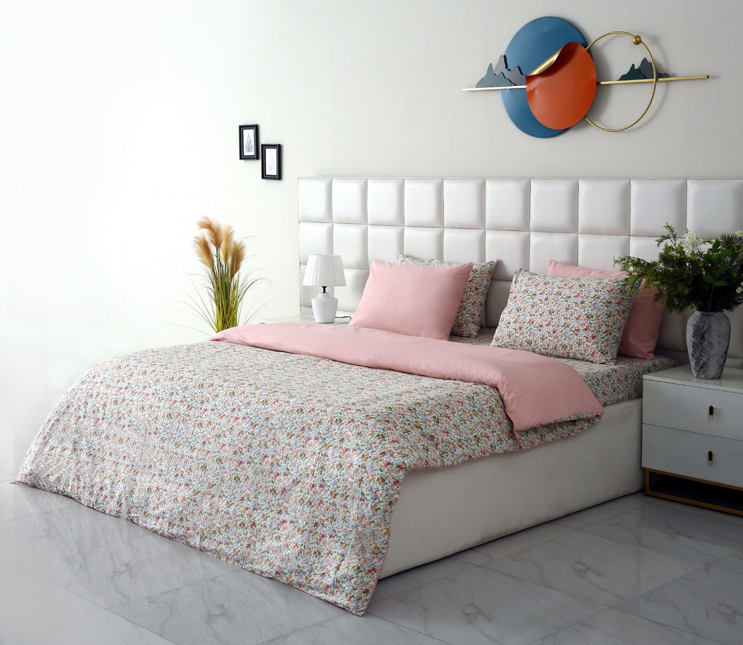 6PCs Duvet Cover- Pink Tiny Flowers Bed Sheets Apricot