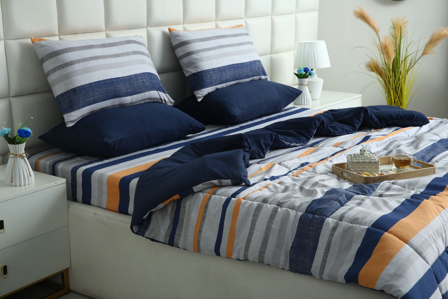 6 PCs Summer Comforter Set- Multi Bands Bed Spread Apricot