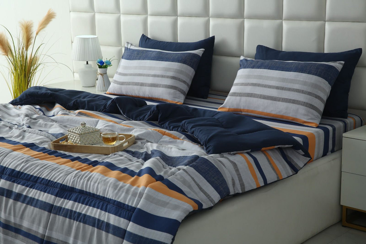 6 PCs Summer Comforter Set- Multi Bands Bed Spread Apricot