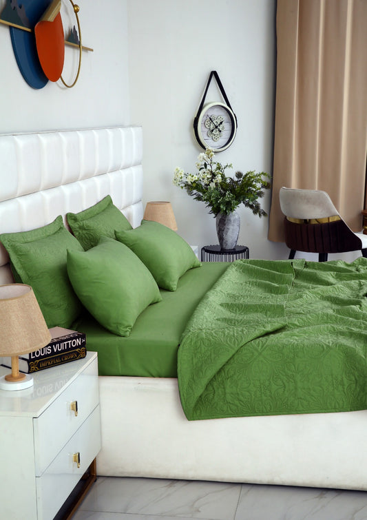 6 PCs Bed Spread Set- Olive Bed Spread Apricot