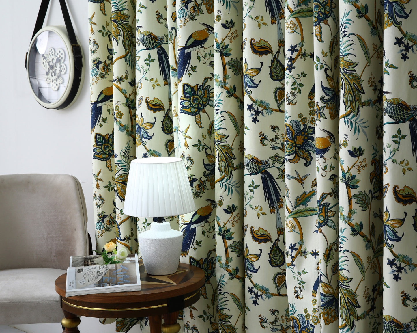 2 PCs Duck Curtains Panel- Blue Birds Curtains Apricot