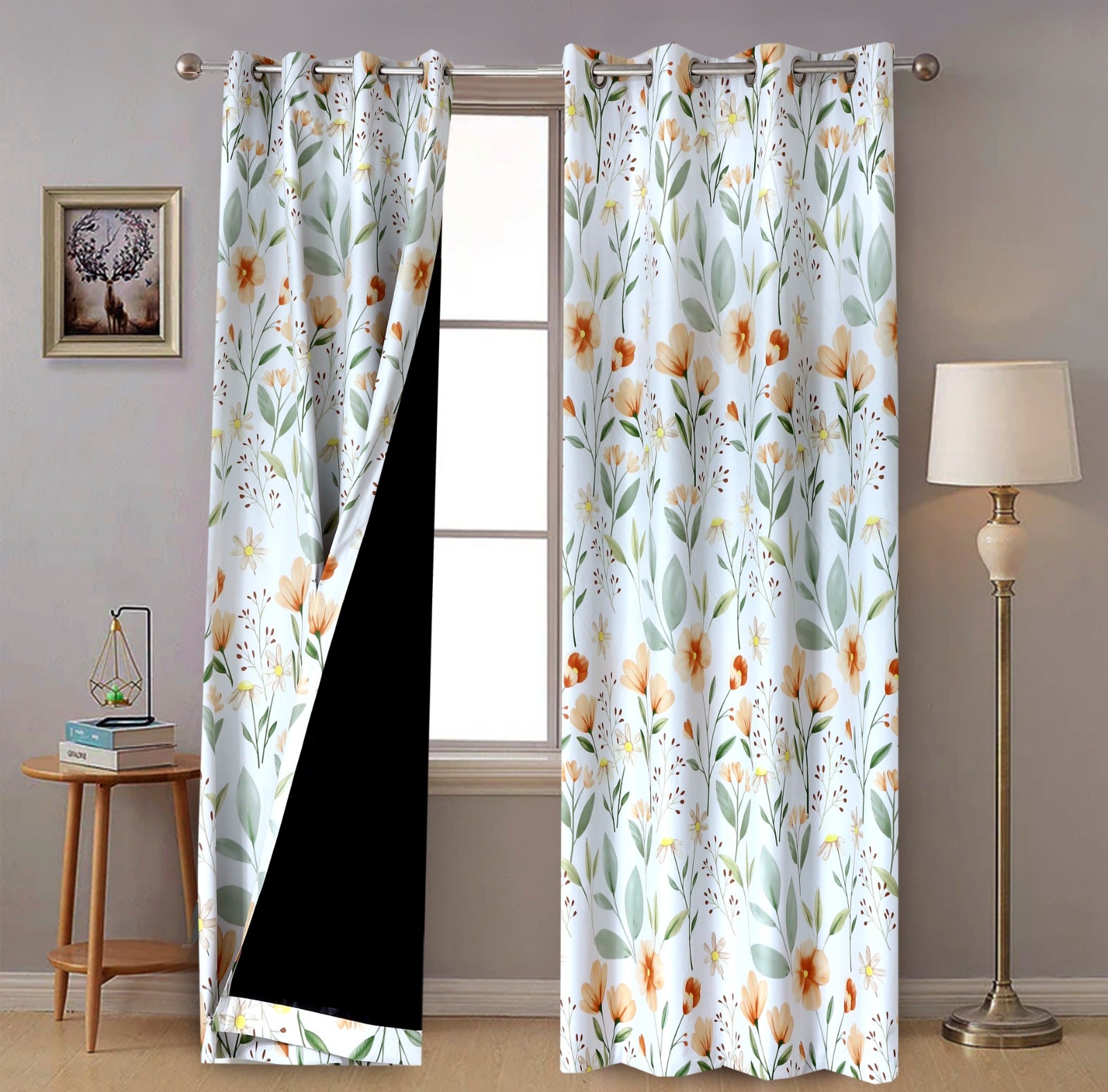 2 PCs Blackout Room Curtains- Orange Flower Curtains Apricot
