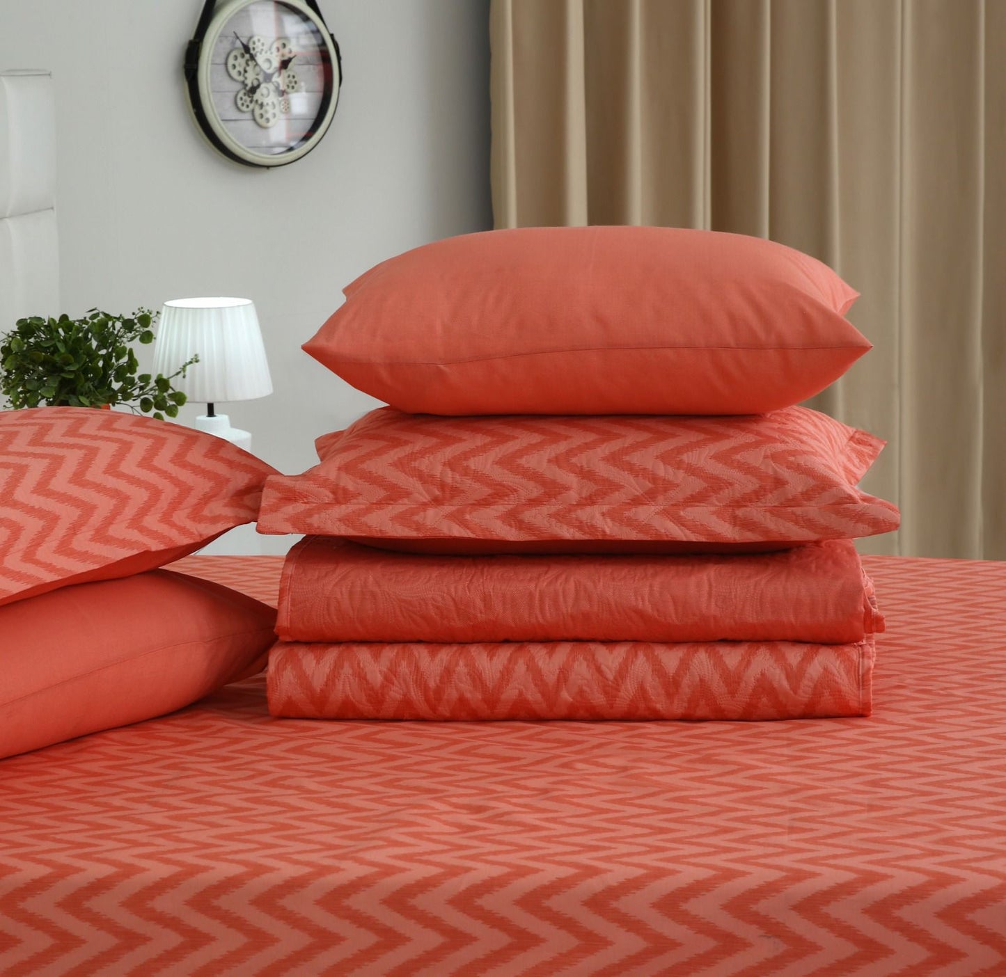 6 PCs Bed Spread Set- Peach Chevron Bed Spread Apricot
