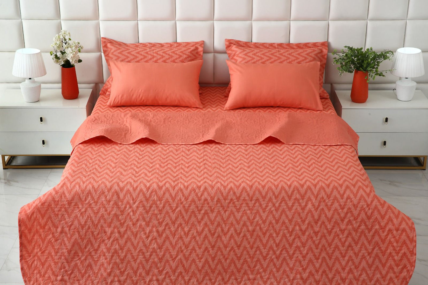 6 PCs Bed Spread Set- Peach Chevron Bed Spread Apricot