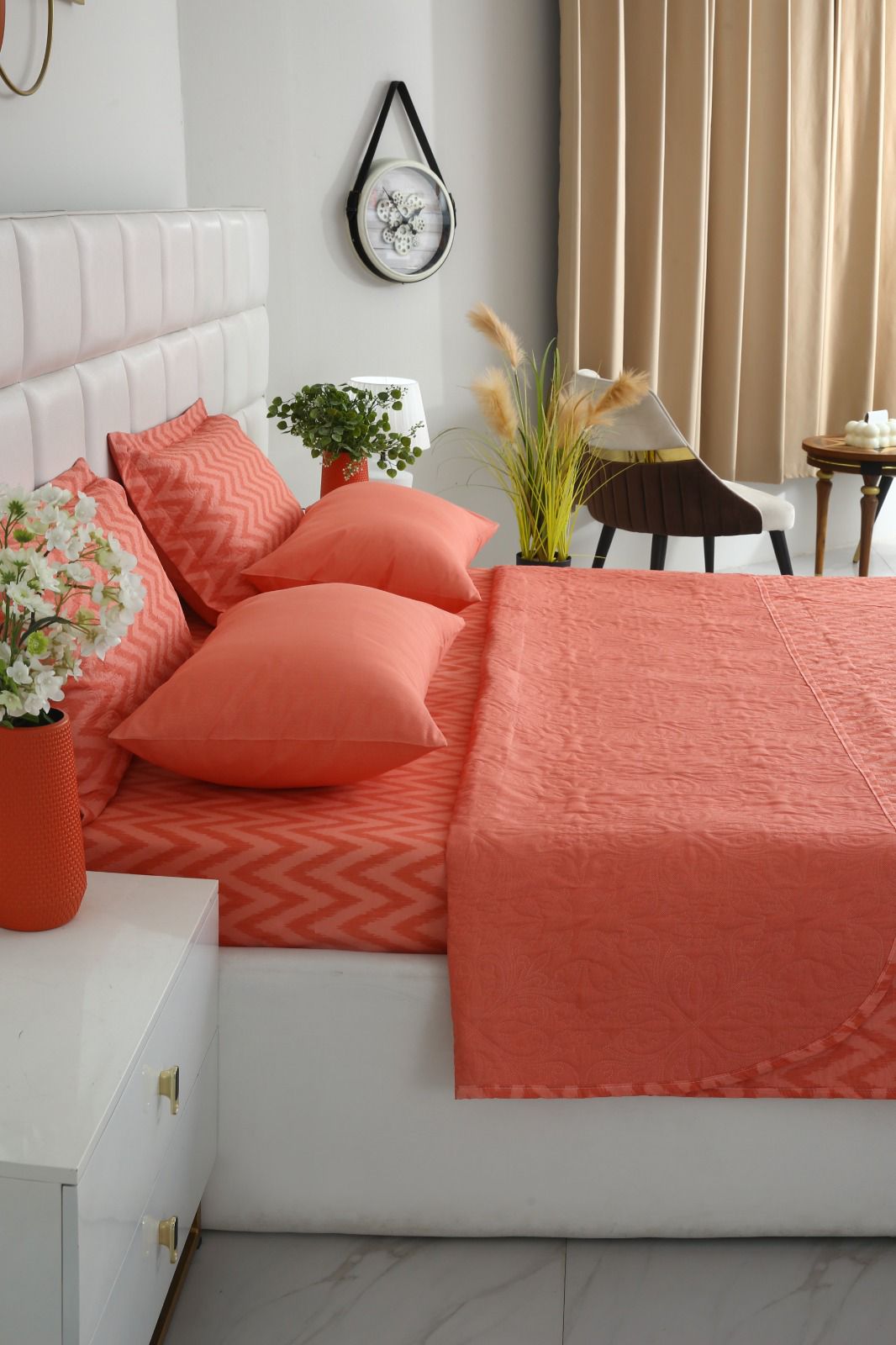 6 PCs Bed Spread Set- Peach Chevron Bed Spread Apricot