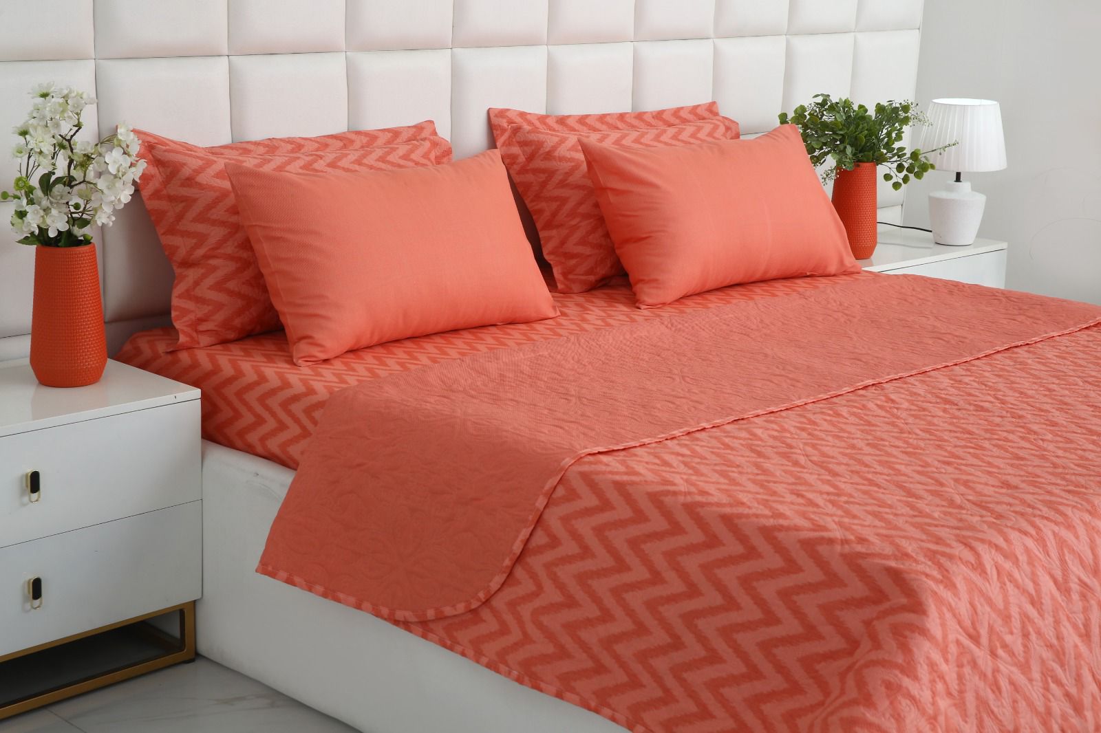 6 PCs Bed Spread Set- Peach Chevron Bed Spread Apricot