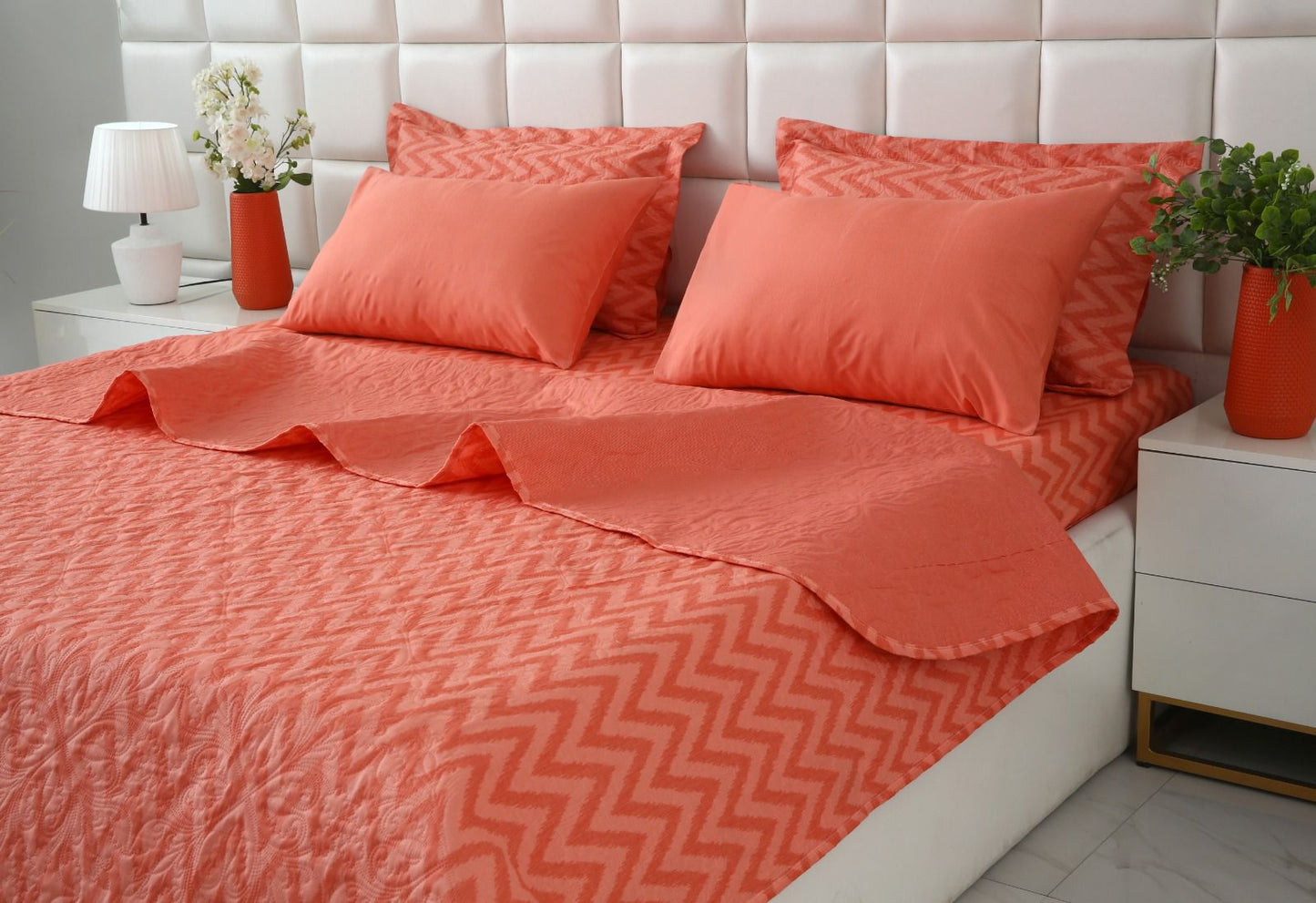 6 PCs Bed Spread Set- Peach Chevron Bed Spread Apricot