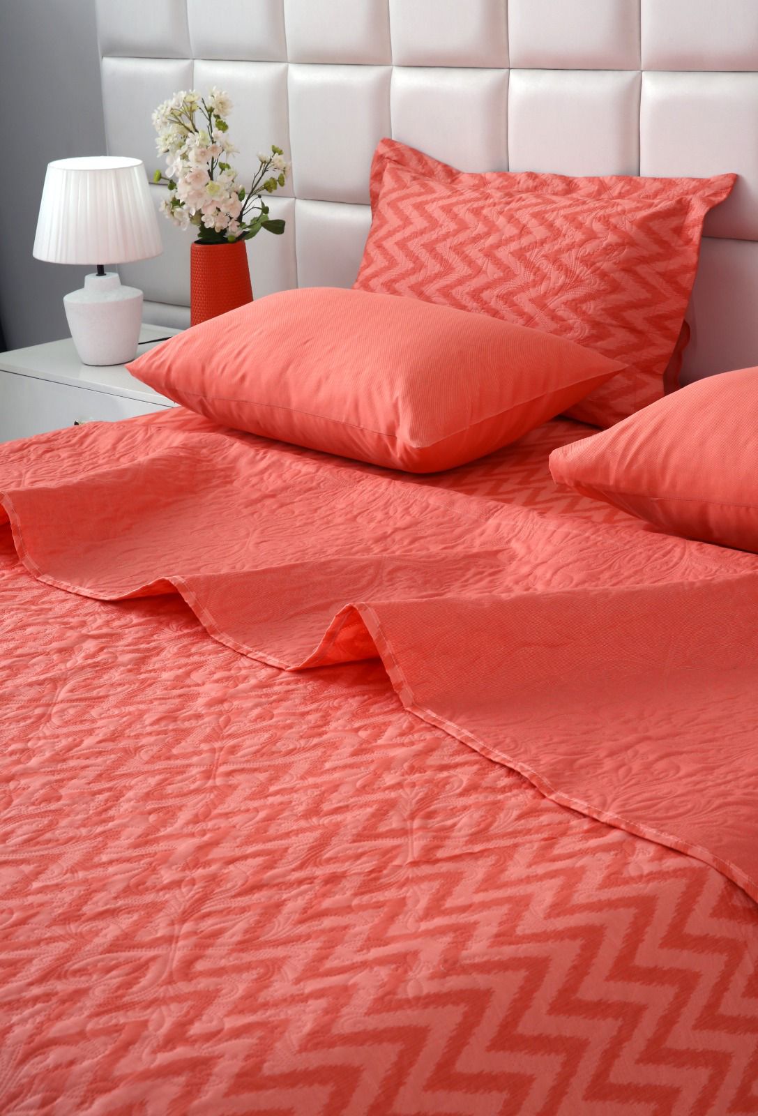 6 PCs Bed Spread Set- Peach Chevron Bed Spread Apricot
