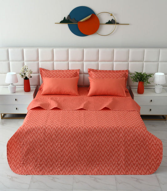 6 PCs Bed Spread Set- Peach Chevron Bed Spread Apricot