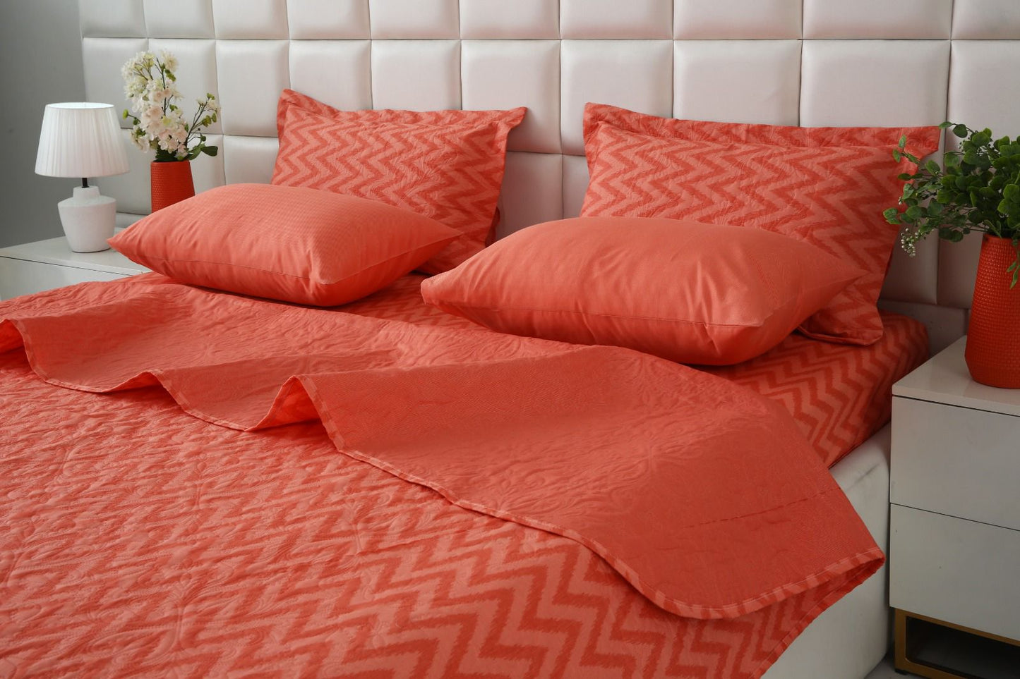 6 PCs Bed Spread Set- Peach Chevron Bed Spread Apricot
