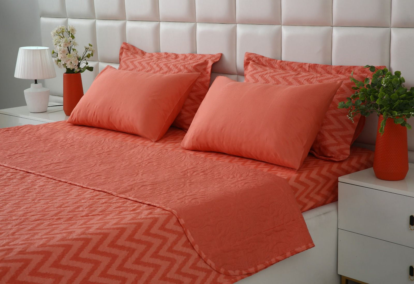 6 PCs Bed Spread Set- Peach Chevron Bed Spread Apricot