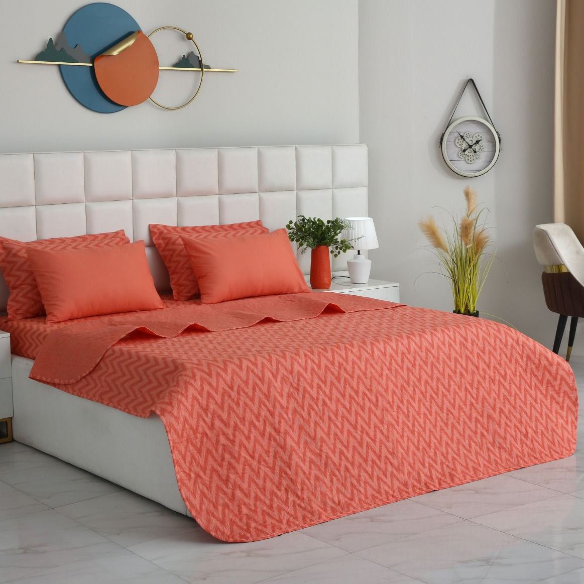 6 PCs Bed Spread Set- Peach Chevron Bed Spread Apricot