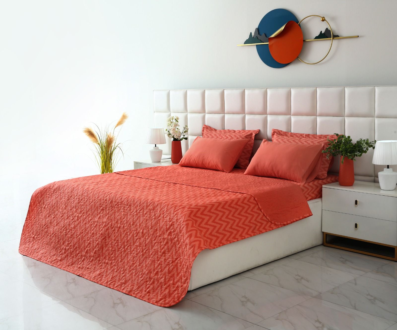6 PCs Bed Spread Set- Peach Chevron Bed Spread Apricot