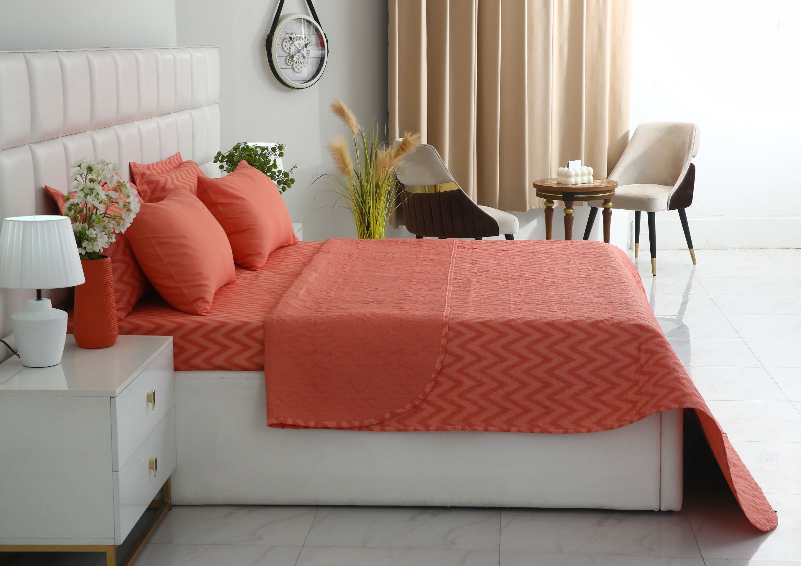 6 PCs Bed Spread Set- Peach Chevron Bed Spread Apricot