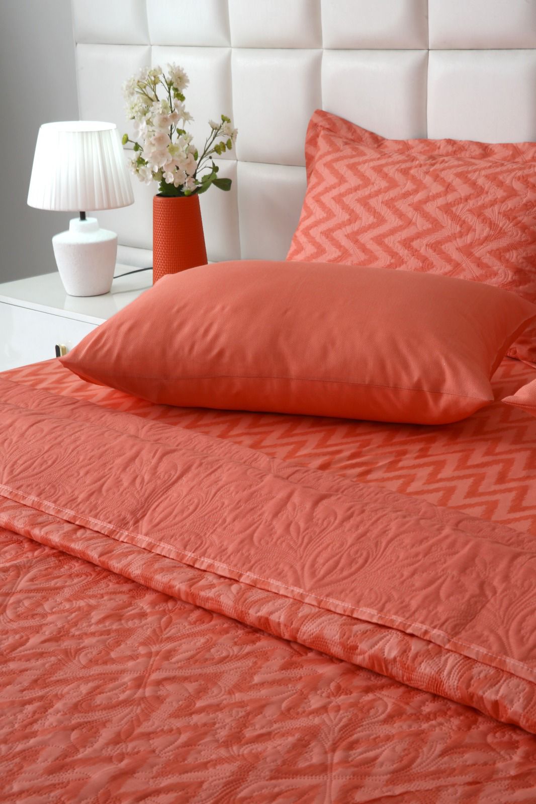6 PCs Bed Spread Set- Peach Chevron Bed Spread Apricot