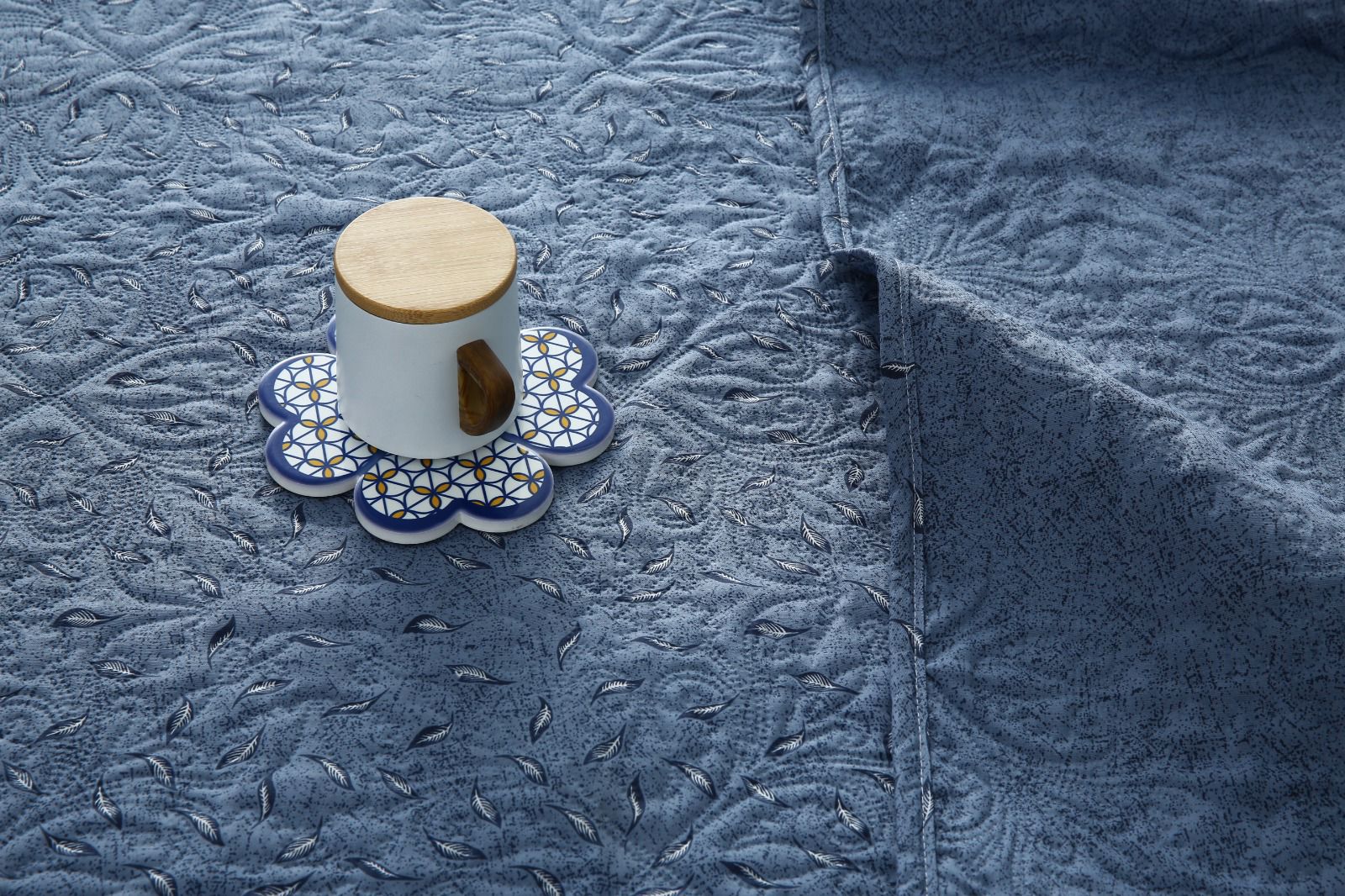 6 PCs Bed Spread Set- Raincloud Blue Feathers Bed Spread Apricot