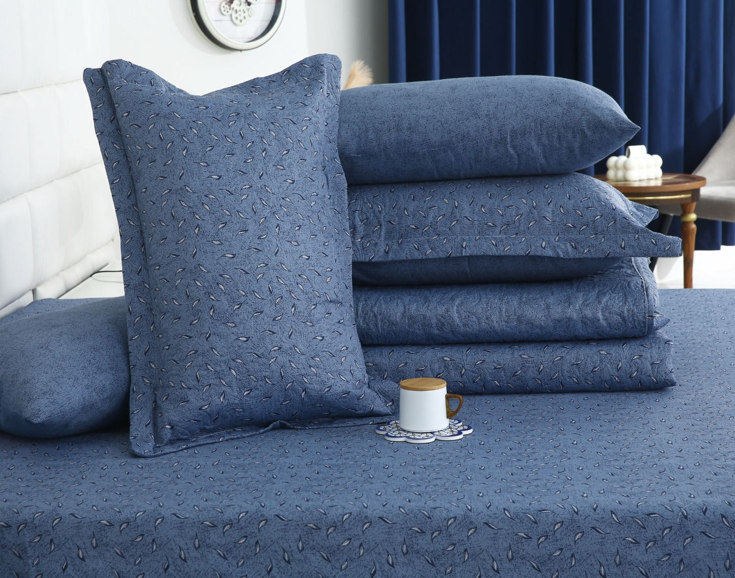 6 PCs Bed Spread Set- Raincloud Blue Feathers Bed Spread Apricot