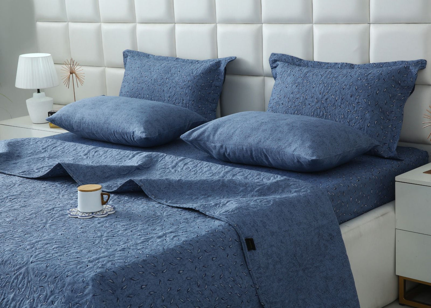 6 PCs Bed Spread Set- Raincloud Blue Feathers Bed Spread Apricot