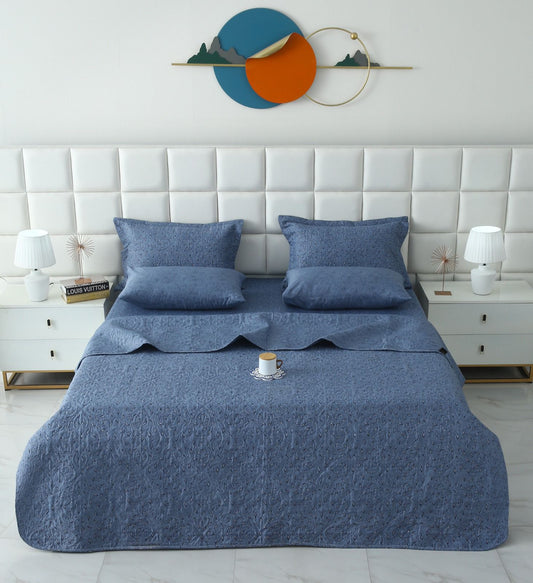 6 PCs Bed Spread Set- Raincloud Blue Feathers Bed Spread Apricot