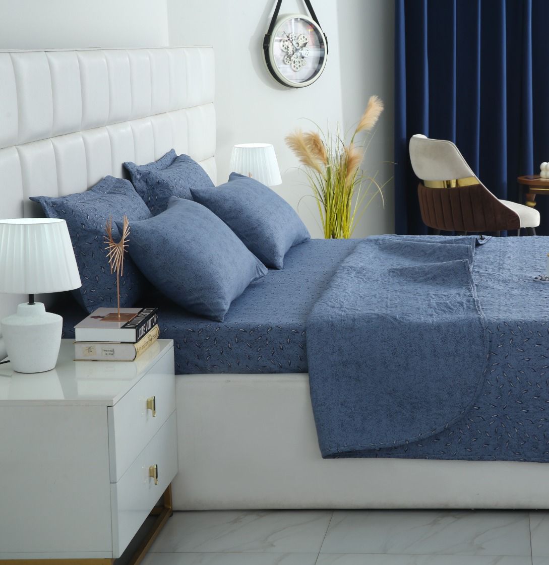 6 PCs Bed Spread Set- Raincloud Blue Feathers Bed Spread Apricot