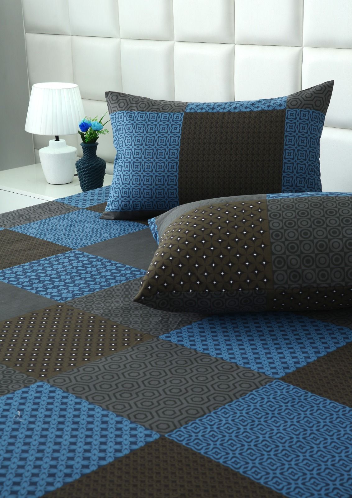 Fitted Bed Sheet- Indigo Patchwork Fitted Sheets Apricot