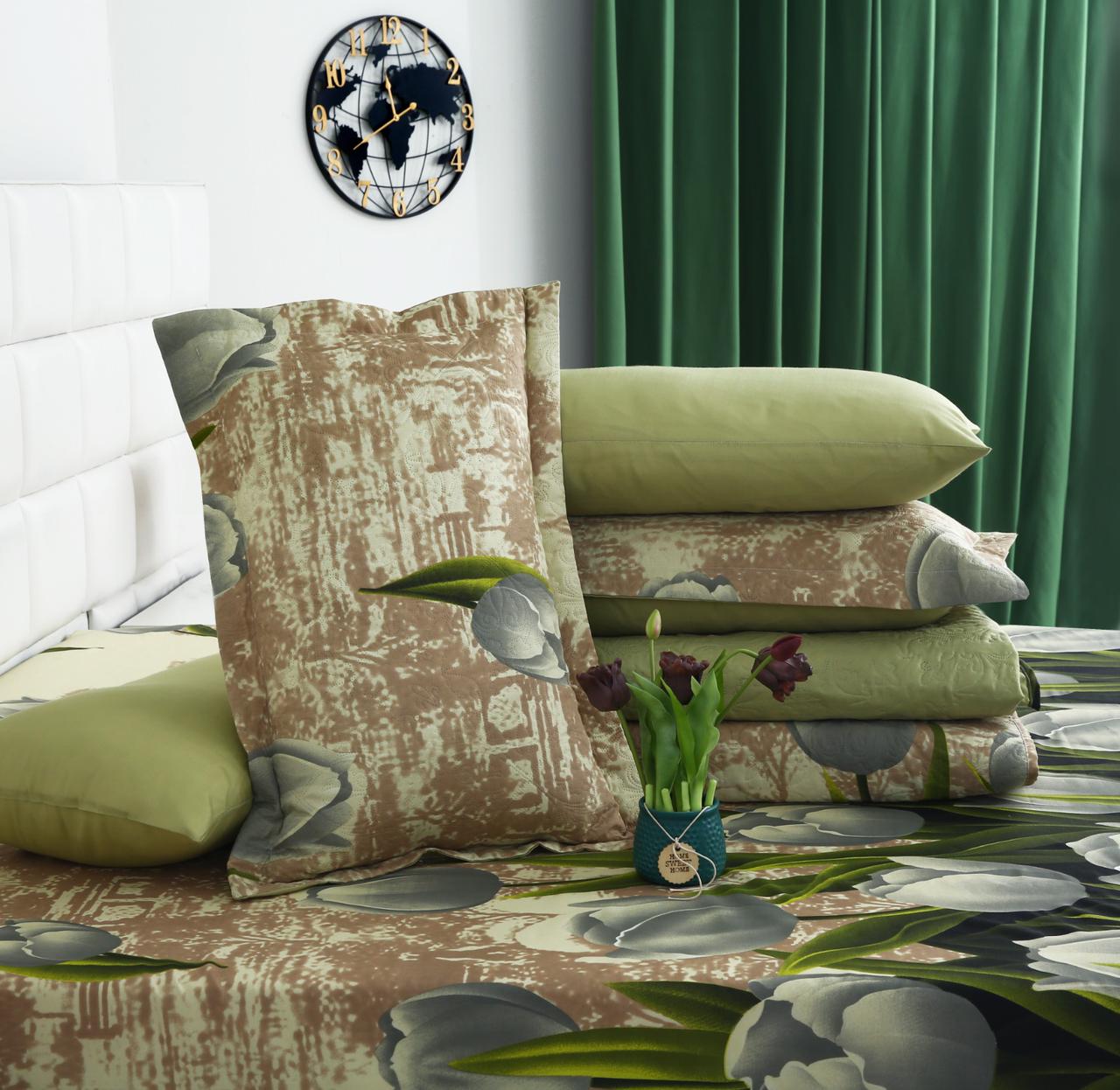 6 PCs Bed Spread Set- Green Tulip Bed Spread Apricot
