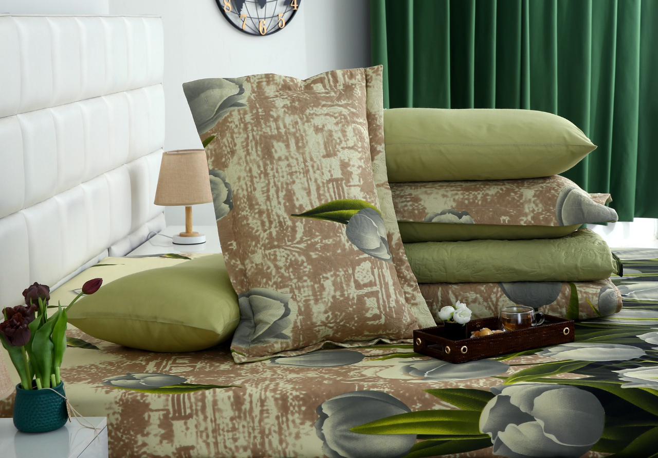 6 PCs Bed Spread Set- Green Tulip Bed Spread Apricot
