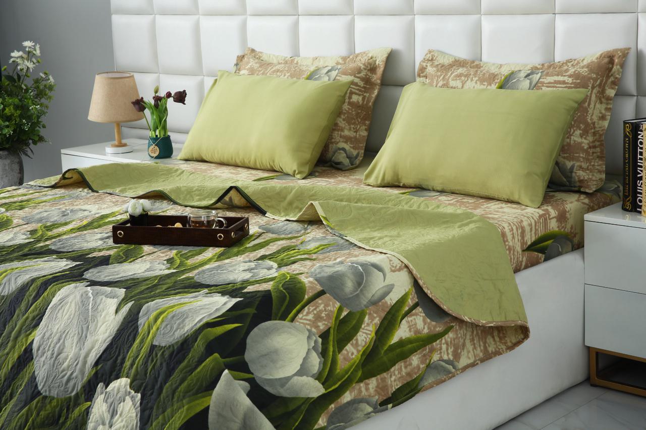 6 PCs Bed Spread Set- Green Tulip Bed Spread Apricot