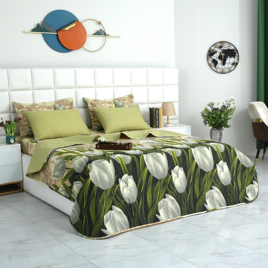 6 PCs Bed Spread Set- Green Tulip Bed Spread Apricot