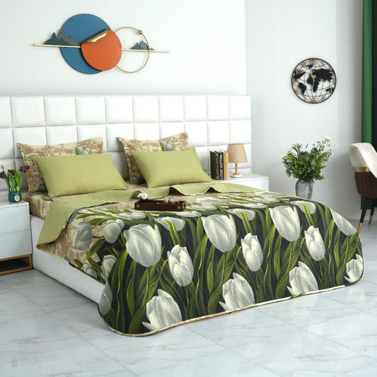 6 PCs Bed Spread Set- Green Tulip Bed Spread Apricot