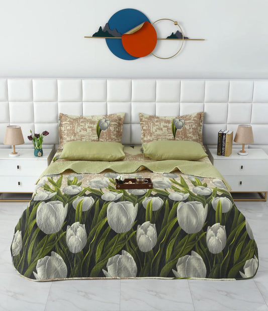 6 PCs Bed Spread Set- Green Tulip Bed Spread Apricot
