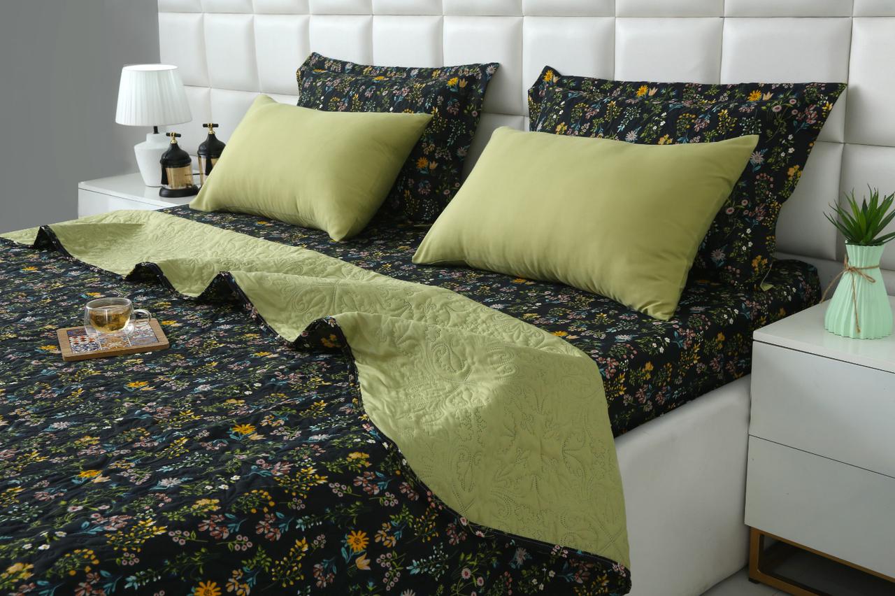 6 PCs Bed Spread Set- Black Meadows Bed Spread Apricot