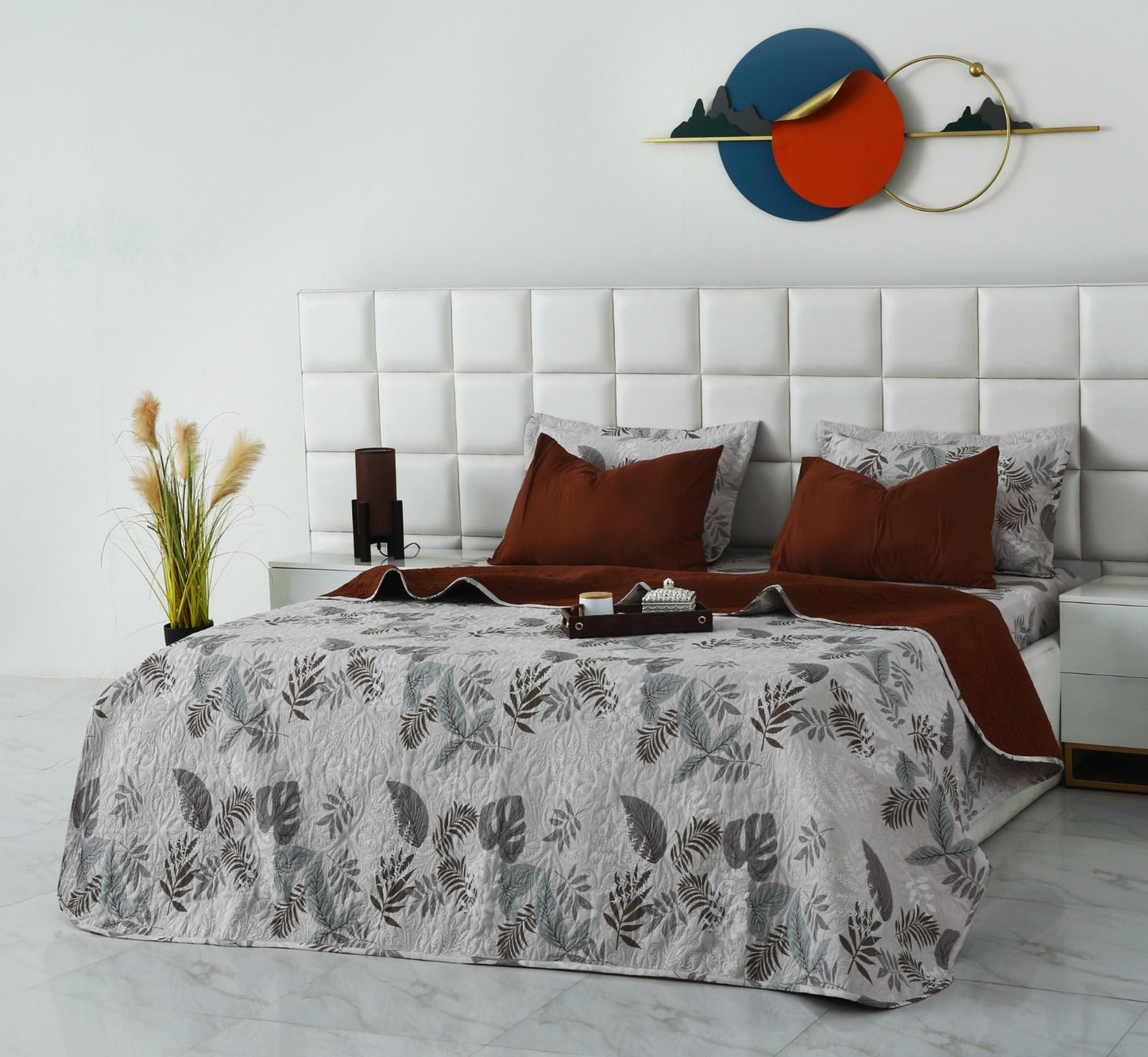 6 PCs Bed Spread Set- Leaf Style(Brown Reverse) Bed Spread Apricot