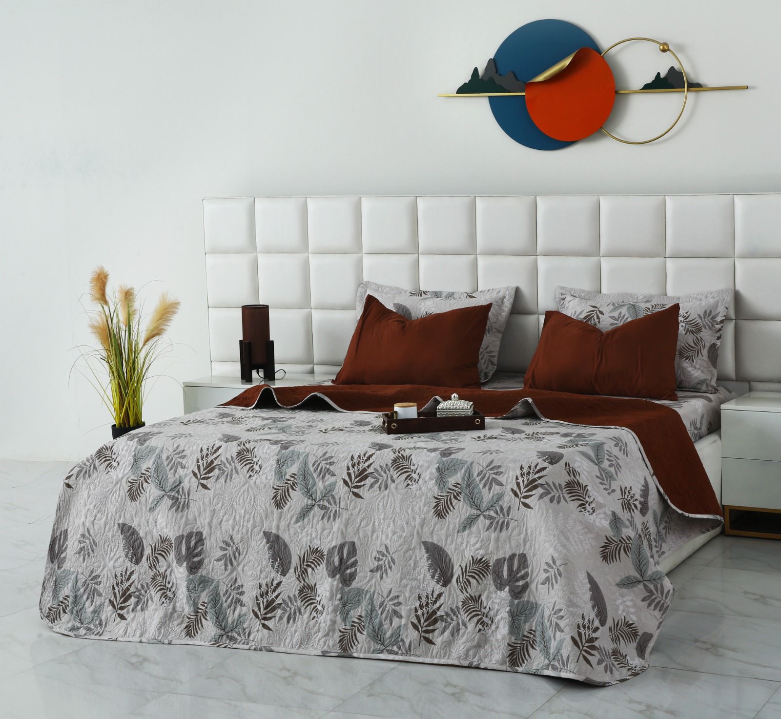 6 PCs Bed Spread Set- Leaf Style(Brown Reverse) Bed Spread Apricot