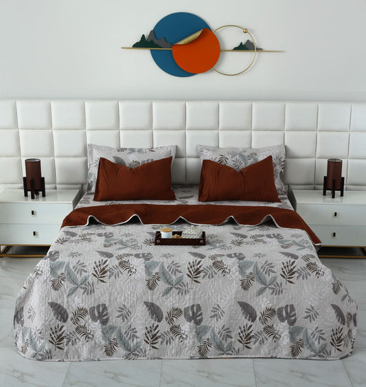 6 PCs Bed Spread Set- Leaf Style(Brown Reverse) Bed Spread Apricot
