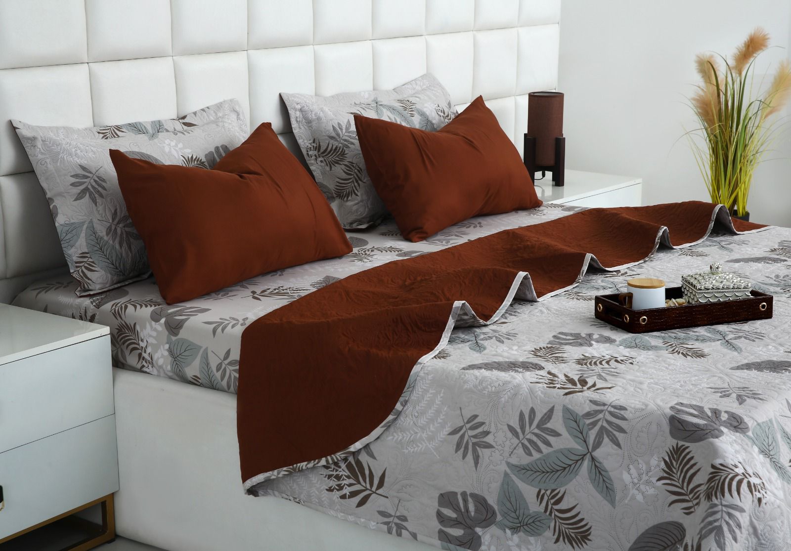6 PCs Bed Spread Set- Leaf Style(Brown Reverse) Bed Spread Apricot