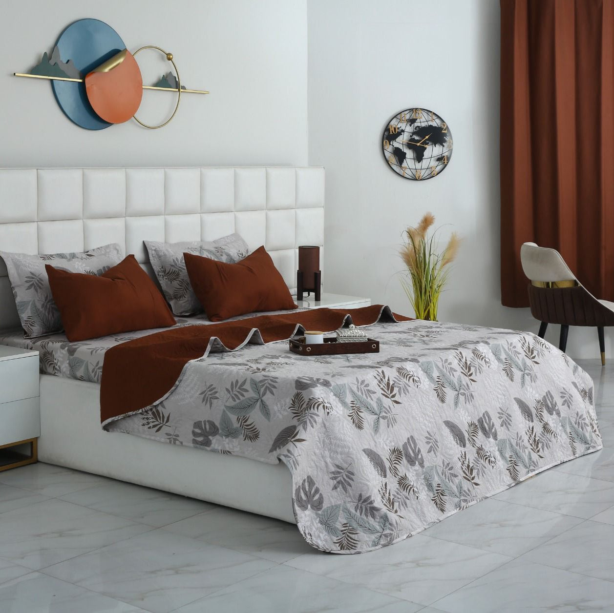 6 PCs Bed Spread Set- Leaf Style(Brown Reverse) Bed Spread Apricot