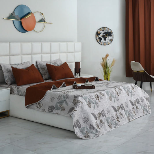 6 PCs Bed Spread Set- Leaf Style(Brown Reverse) Bed Spread Apricot