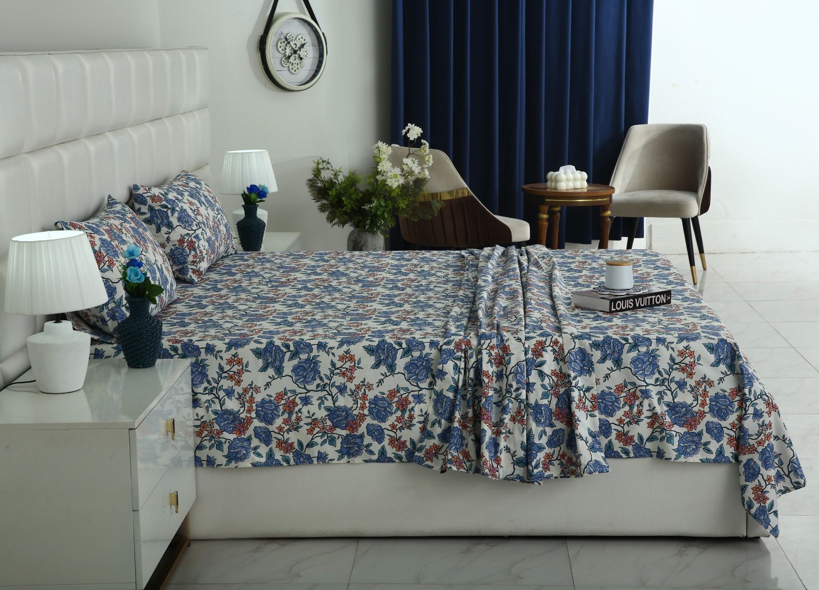 3 PCs Double Bed Sheet With Same Packing- Midnight Bloom Bed Sheets Apricot