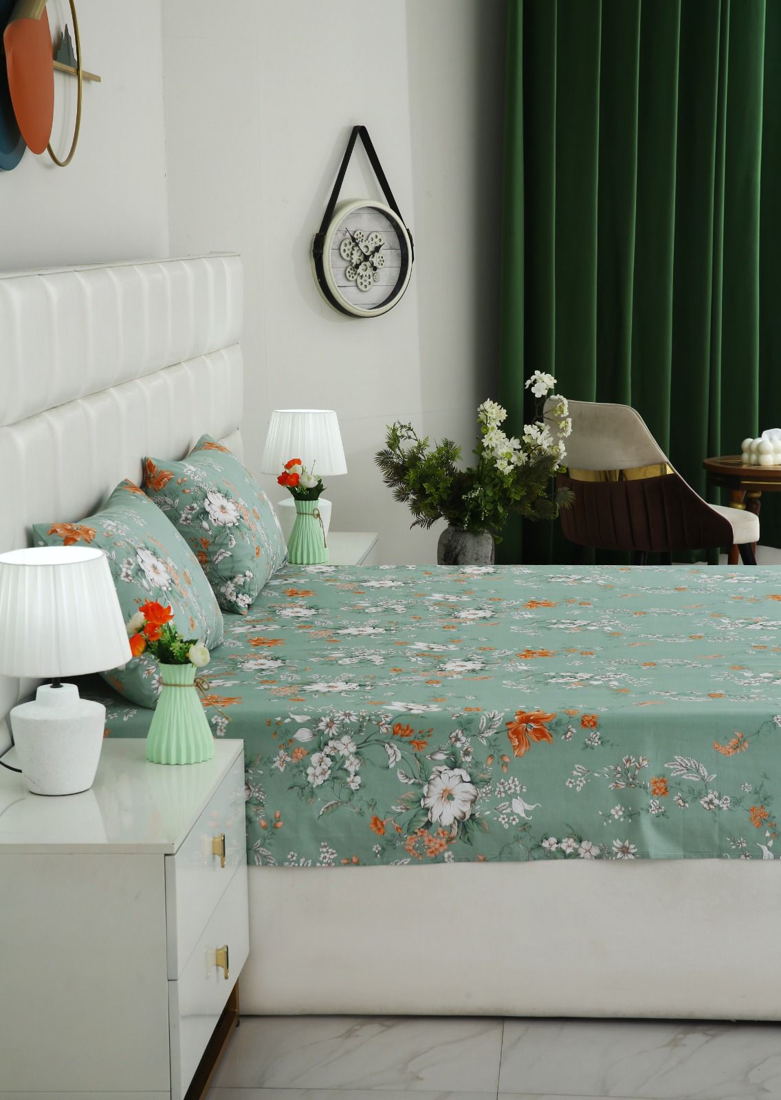 3 PCs Double Bed Sheet With Same Packing- White Dahlia Bed Sheets Apricot