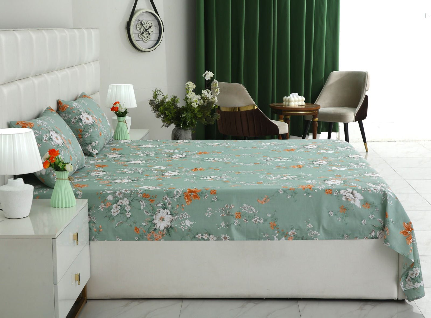 3 PCs Double Bed Sheet With Same Packing- White Dahlia Bed Sheets Apricot