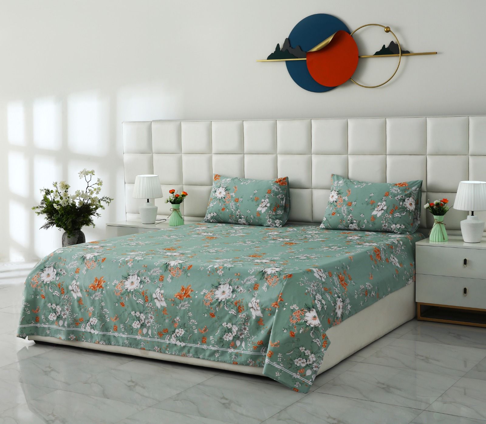 3 PCs Double Bed Sheet With Same Packing- White Dahlia Bed Sheets Apricot