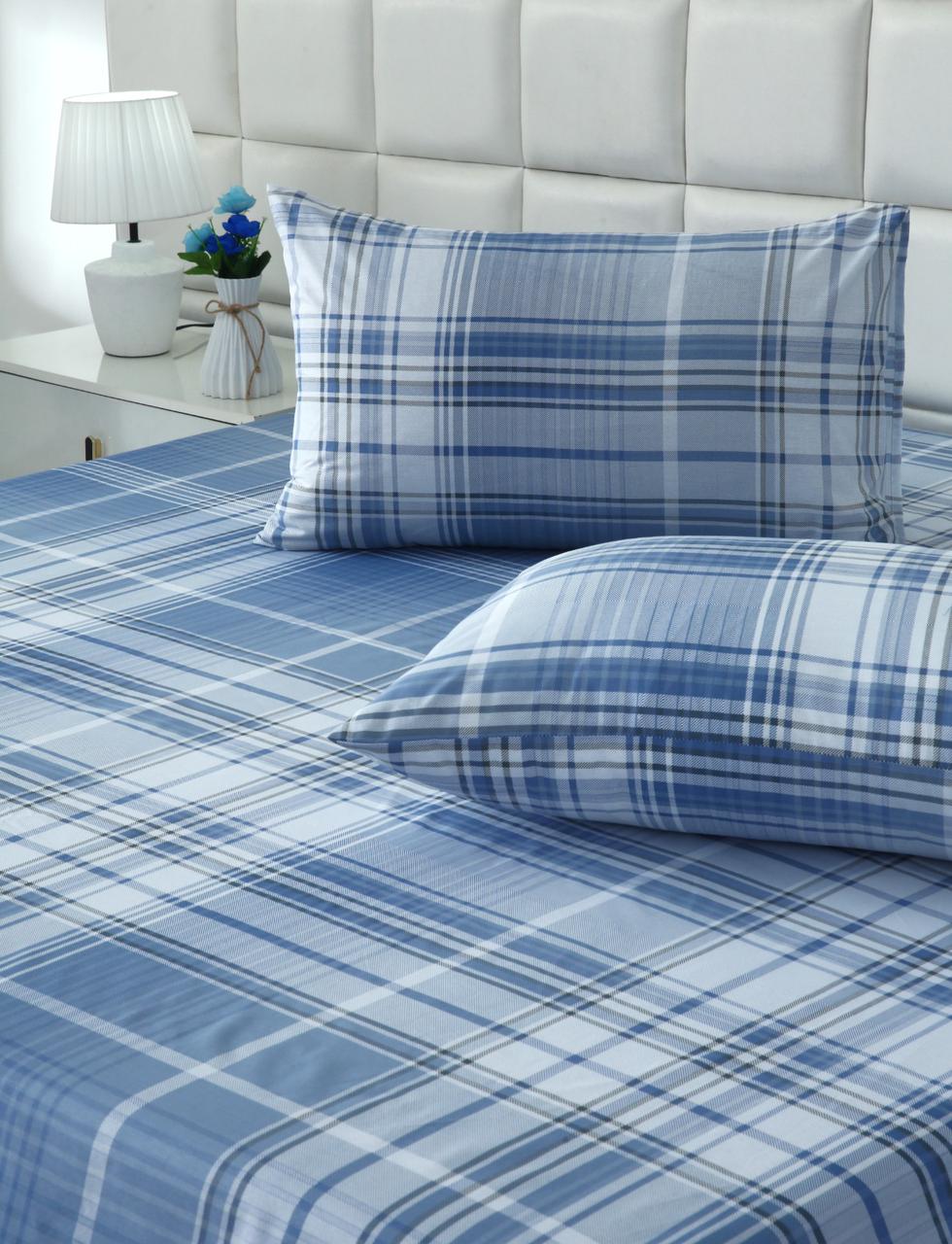 3 PCs Double Bed Sheet With Same Packing- Sky Blue Check Bed Sheets Apricot