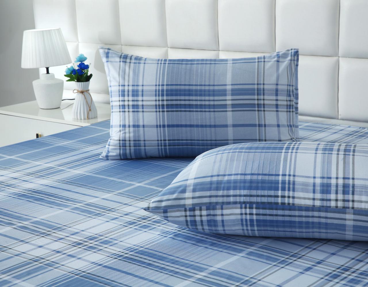 3 PCs Double Bed Sheet With Same Packing- Sky Blue Check Bed Sheets Apricot