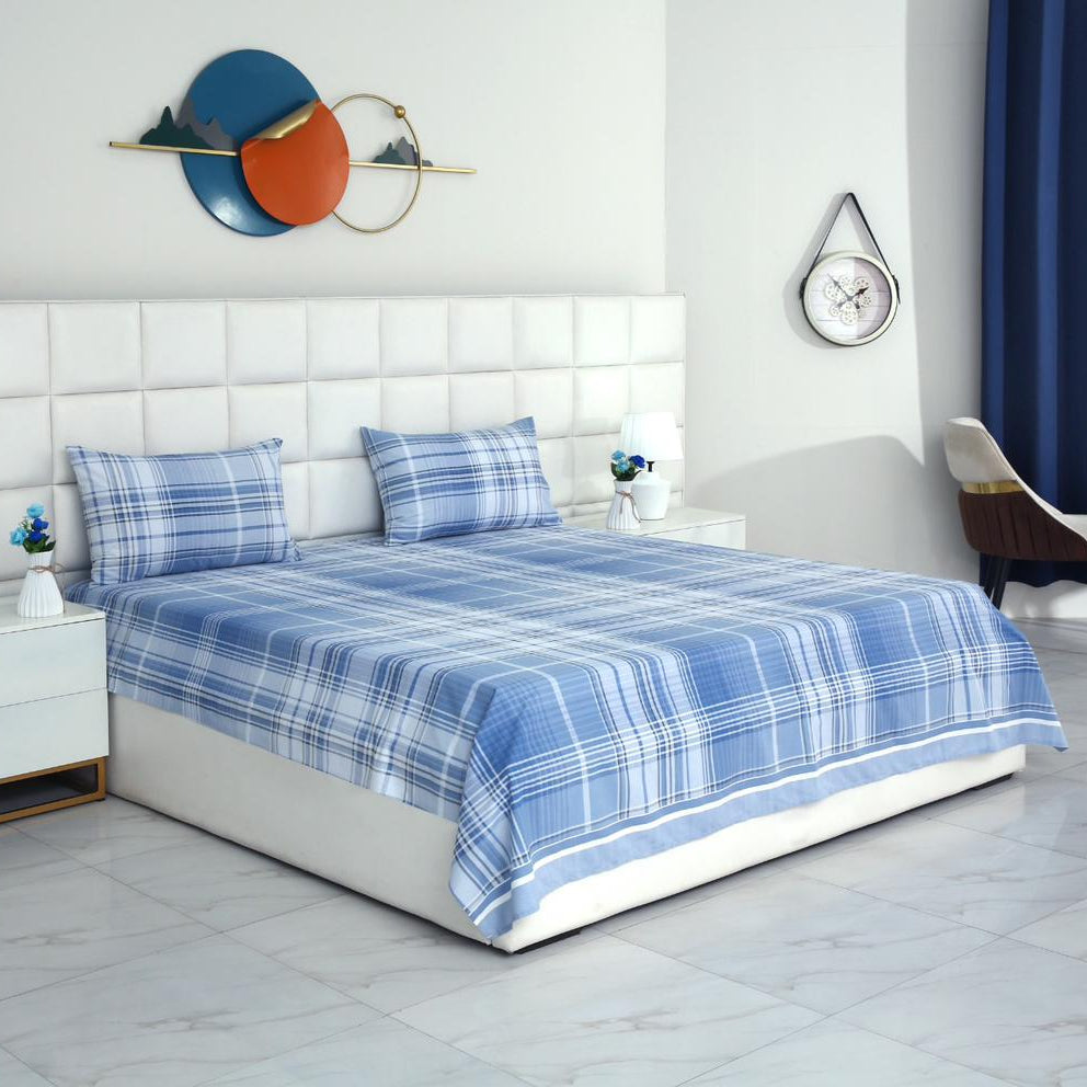 3 PCs Double Bed Sheet With Same Packing- Sky Blue Check Bed Sheets Apricot