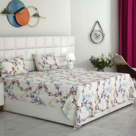 3 PCs Double Bed Sheet With Same Packing- Plum Floral Bed Sheets Apricot