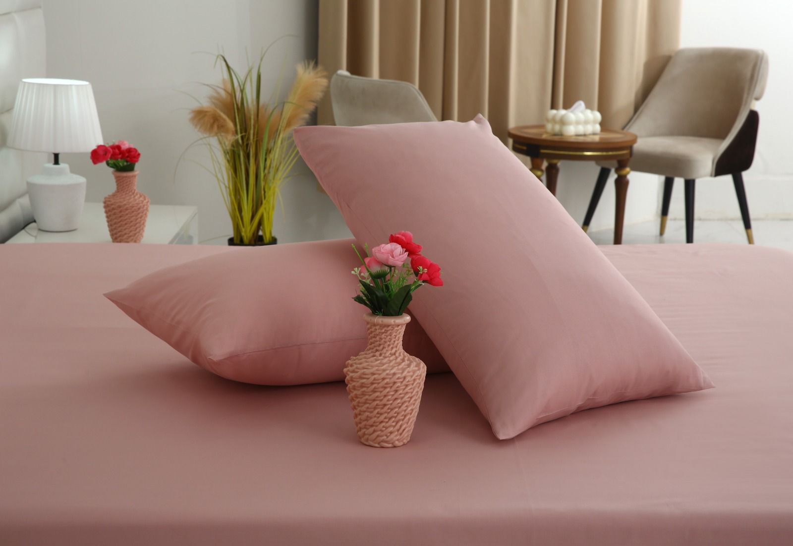 3 PCs Double Bed Sheet- Rose Bed Sheets Apricot
