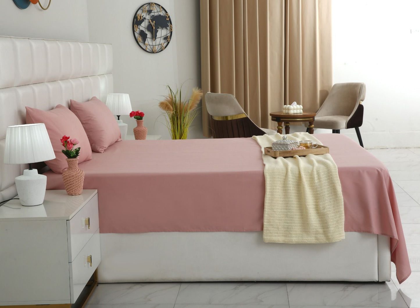3 PCs Double Bed Sheet- Rose Bed Sheets Apricot
