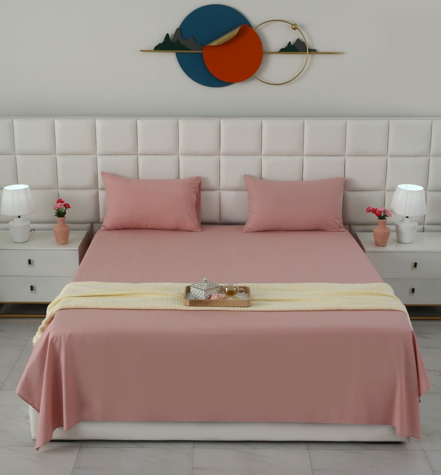 3 PCs Double Bed Sheet- Rose Bed Sheets Apricot